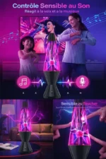 A colorful image of children and adults interacting with a lightning-themed science gadget that responds to sound and touch, demonstrating fun educational science experiments.