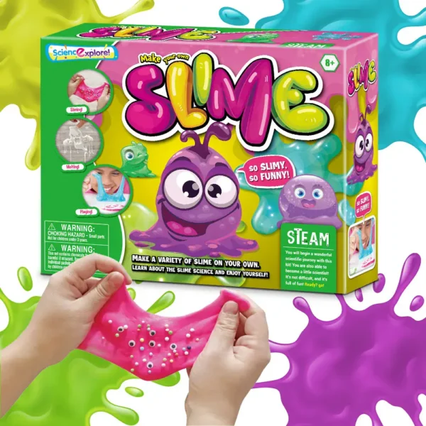 Colorful slime making kit for children with fun and educational slime science activities, including mixing and creating slime in vibrant colors.