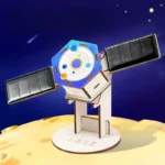 Solar-powered space station model with solar panels and planetary design.