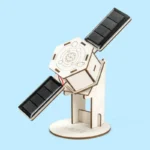 Wooden model of a satellite with solar panels, showcasing educational space technology for science enthusiasts and students.