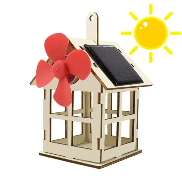 Wooden solar windmill model with pink blades and solar panel, ideal for science education and renewable energy experiments.