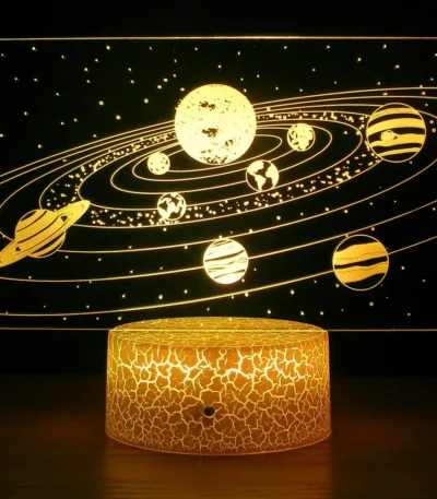 Illuminated solar system projector displaying planets and stars on a dark background, ideal for educational decor and science-themed rooms.