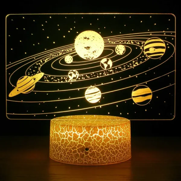 Illuminated solar system projector displaying planets and stars on a dark background, ideal for educational decor and science-themed rooms.