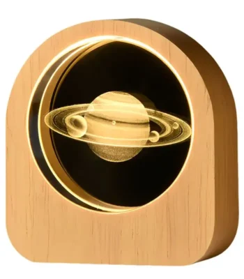 Saturn planet lamp with illuminated rings, made of wood, perfect for science decor and educational spaces.
