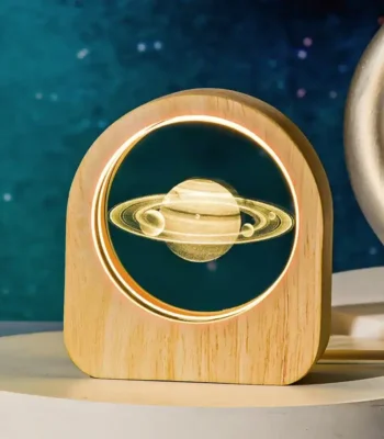LED Saturn Planet Desk Lamp with Wooden Base.