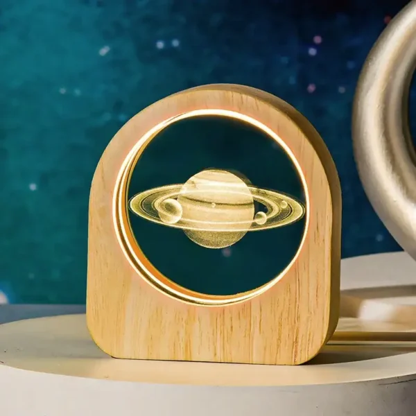 LED Saturn Planet Desk Lamp with Wooden Base.