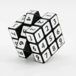 A 3D cube puzzle made of black and white numbered blocks, designed for educational and brain-teasing fun. Perfect for science and math enthusiasts.