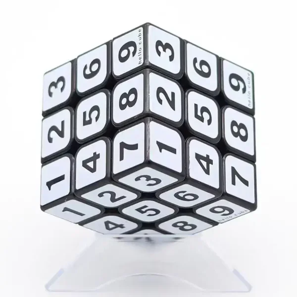 A 3D cube puzzle with numbered sides designed for educational purposes and brain training, featuring a sleek black and white design.
