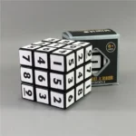 A black and white 3x3 cube puzzle with numbered sides, designed for children aged 6 and above, perfect for educational and brain-teasing activities.