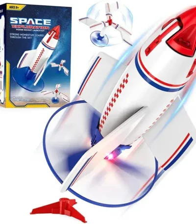 Space exploration rocket toy with launch pad, designed for children to simulate rocket launches and learn about space science. Includes a rocket, launch pad, and remote control.