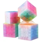 Brightly colored Rubik's cubes stacked together, showcasing their vibrant pastel shades and intricate patterns. Perfect for educational purposes, brain teasers, and decorative science-themed decor.
