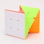 A 3D cube puzzle with white, green, and orange sides, featuring a twisty, modular design for brain-teasing fun and educational play.