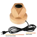 Stylish geometric wooden lamp with a black power cord and switch, perfect for modern decor and educational science displays.
