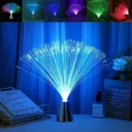 Stunning fibre optic light sculpture emitting vibrant blue light, perfect for home decor or educational displays.