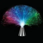 Vibrant fiber optic lamp displaying multicolored light strands spreading out from a sleek metallic base, creating a mesmerizing visual effect.
