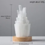 Transparent salt crystal sculpture standing about 6.29 inches tall on a wooden base, weighing approximately 500g, ideal for science decor and educational demonstrations.