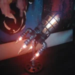 Steampunk-style rocket lamp with exposed bulbs and gear base, perfect for science-themed decor and educational spaces.