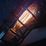 Tesla Coil with electrical sparks and lightning effects inside a glass enclosure.