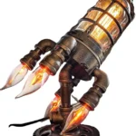 A steampunk-inspired science gadget with glowing filament bulbs and metallic pipes, designed for educational and decorative purposes.