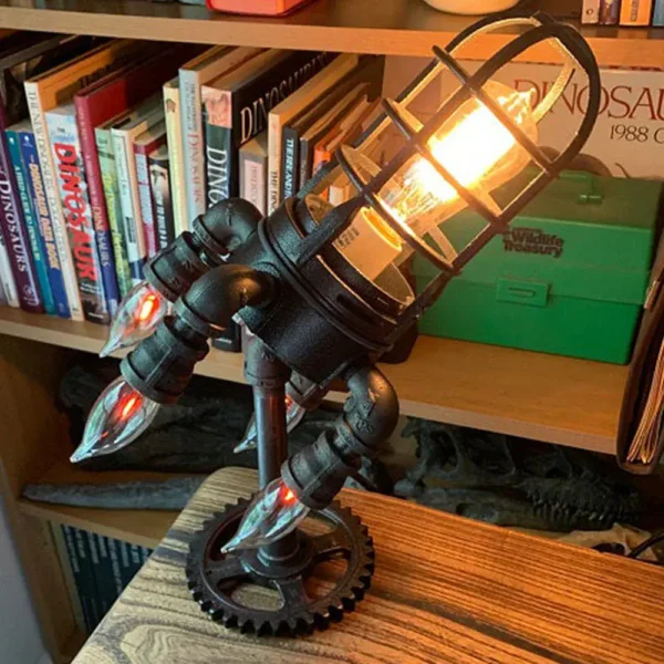 LED Rocket Lamp with Gear Base and Rocket Design.