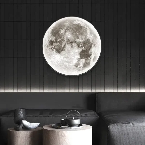 Realistic moon lamp night light illuminating a modern living room wall with a lunar surface design, creating a cozy and celestial ambiance.