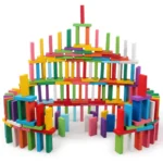Vibrant wooden block tower with multicolored pieces, perfect for educational play and developing fine motor skills in children.