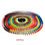 Vibrant 240-piece domino set arranged in a spiral pattern, showcasing a variety of bright colors ideal for educational and recreational activities.