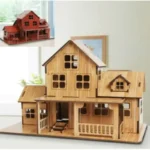 Beautiful handcrafted wooden dollhouse featuring multiple rooms, windows, and a porch, perfect for children's imaginative play and educational activities.