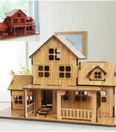 Beautiful handcrafted wooden dollhouse featuring multiple rooms, windows, and a porch, perfect for children's imaginative play and educational activities.