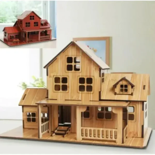 Beautiful handcrafted wooden dollhouse featuring multiple rooms, windows, and a porch, perfect for children's imaginative play and educational activities.