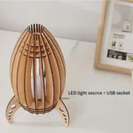 LED light source with USB socket in a modern wooden lamp design.