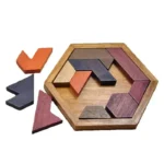 Wooden hexagon puzzle with colorful geometric pieces arranged inside a hexagonal frame, educational toy for spatial reasoning and problem-solving skills.