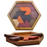 Hexagonal wooden puzzle with colorful interlocking pieces, educational toy for developing spatial skills and problem-solving abilities in children and adults.
