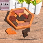 Hexagonal wooden puzzle board with colorful interlocking pieces, ideal for educational and brain-teasing activities for children and adults.