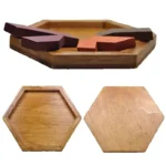 Set of hexagonal wooden trays and puzzle pieces for educational and decorative use, perfect for science-themed decor and interactive learning activities.