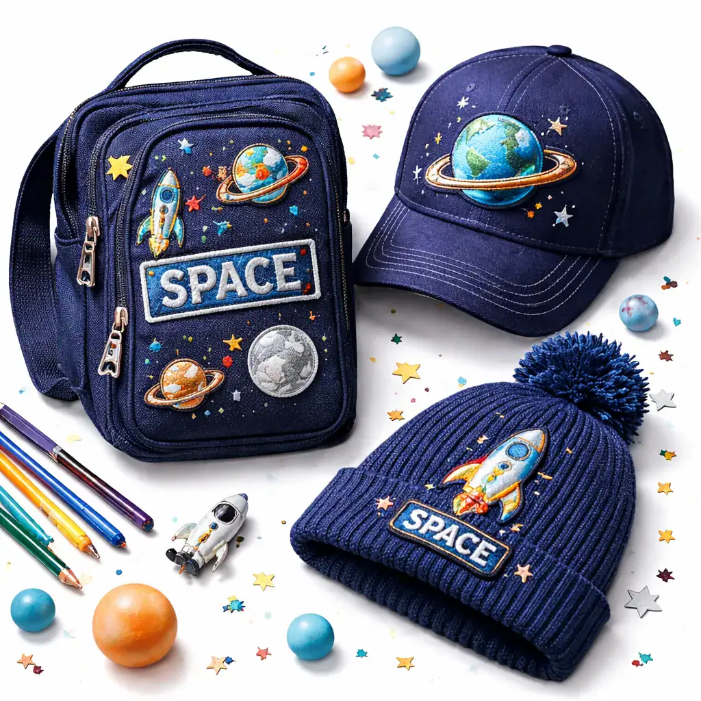 Colorful space-themed children's backpack, cap, and beanie featuring rockets, planets, and stars for young space enthusiasts. Perfect for school, outdoor adventures, or educational play.