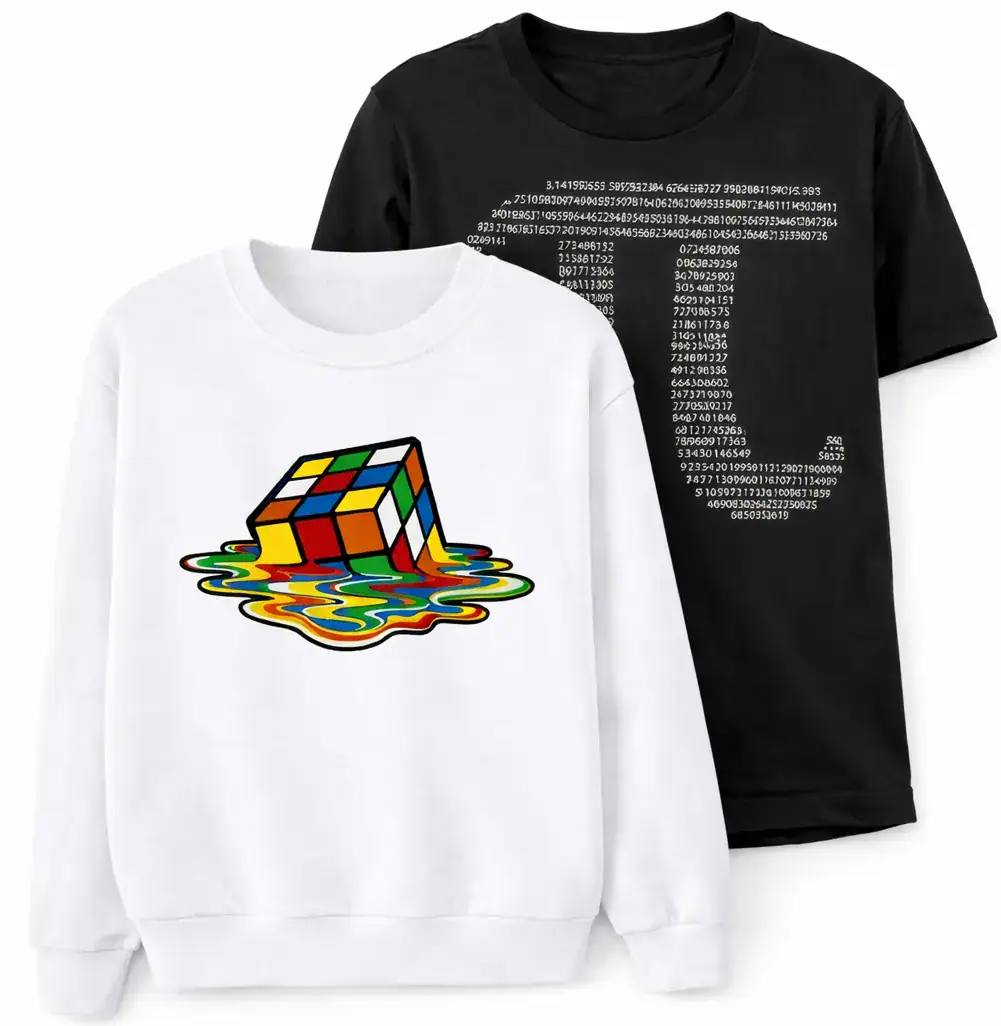 White sweatshirt featuring a colorful Rubik's Cube melting into a rainbow-colored liquid, with mathematical symbols and codes like Pi and Fibonacci sequence printed on a black T-shirt behind it.