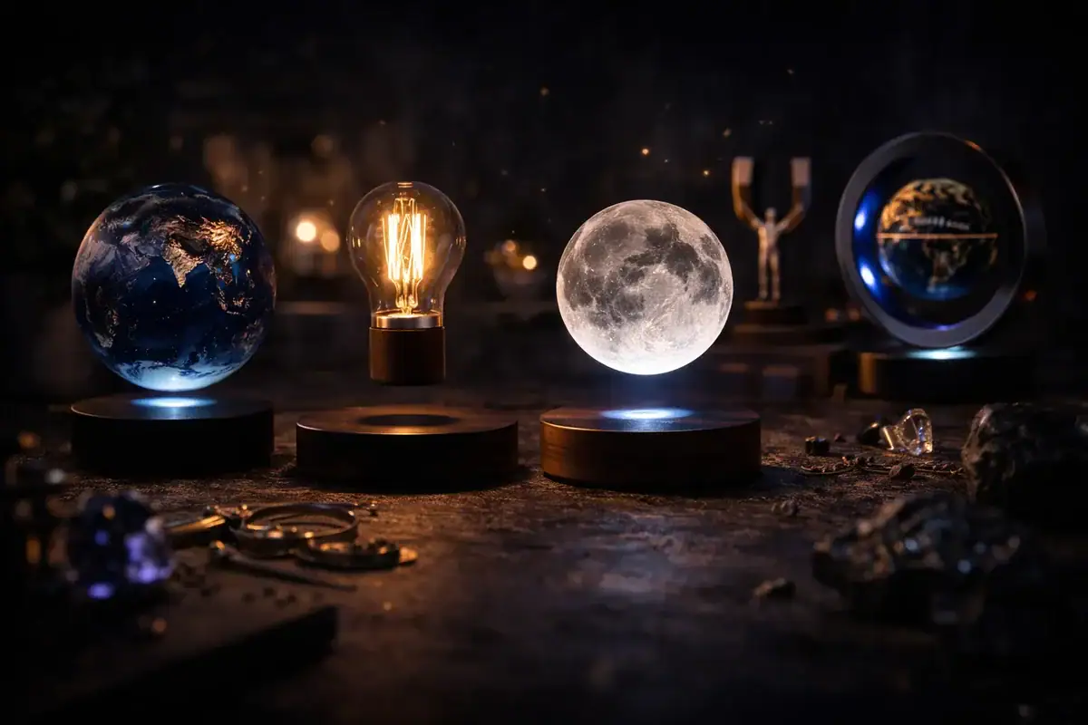 Earth Globe, Light Bulb, Moon Lamp, and Scientific Instruments Display.