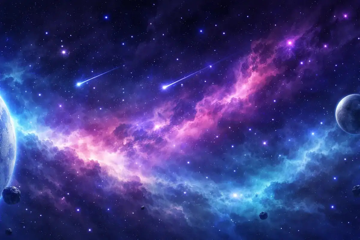A vibrant depiction of outer space featuring colorful nebulae, stars, and planets with two shooting stars streaking across the galaxy.