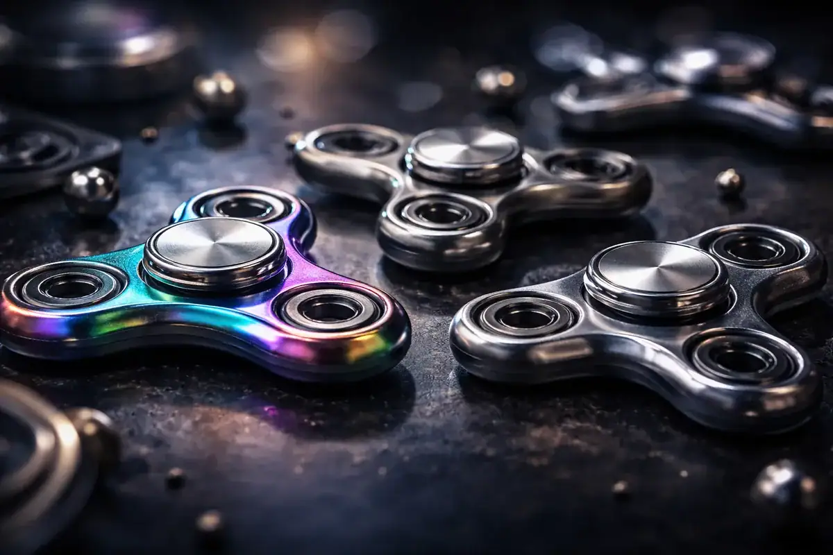 Colorful metallic fidget spinners on a dark surface, showcasing their smooth design and spinning capability. Perfect for stress relief and focus enhancement.