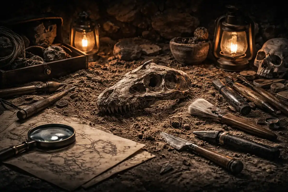 Archaeological fossil excavation site with skull, tools, and lanterns, creating a mysterious and historical atmosphere.