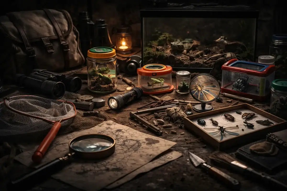 A collection of insects and reptiles displayed on a wooden table, including jars, magnifying glasses, and a terrarium, with a dark, cozy background.