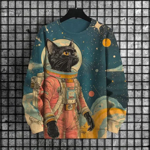 Clothing with a design of a black cat in a space suit, in a cosmic setting with planets and stars, perfect for science and astronomy enthusiasts.
