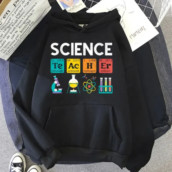 Hooded garment with symbols of chemical elements and the word "SCIENCE" at the top, representing passion for chemistry and science.