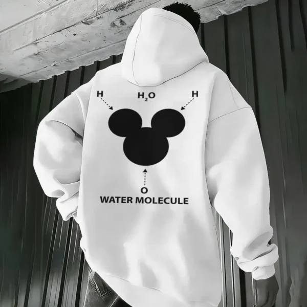 White hoodie illustrating the water molecule, with chemical annotations H2O and Water Molecule, ideal for science lovers and educational decor.