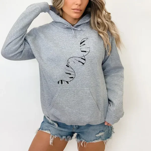 Gray hoodie with stylized DNA pattern, perfect for science lovers and geek decor. Comfortable and trendy, ideal for a casual look.