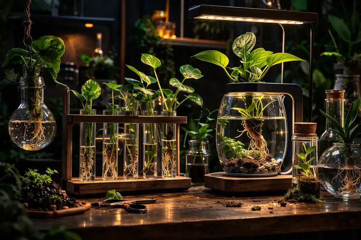 Innovative indoor plant growth experiment setup with glass terrariums and test tubes, showcasing a science-inspired decor for educational and botanical enthusiasts.
