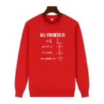 Red sweatshirt featuring mathematical equations and graphs, perfect for science and math enthusiasts.