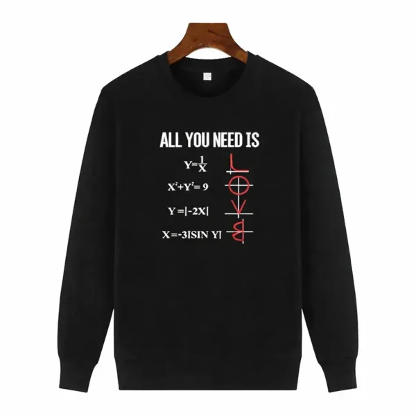 Pull algèbres avec formules mathématiques et symbole de mathématiques en rouge sur sweat noir.