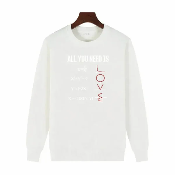 White sweatshirt with mathematical patterns and text "All you need is love" in red, perfect for science and mathematics lovers.
